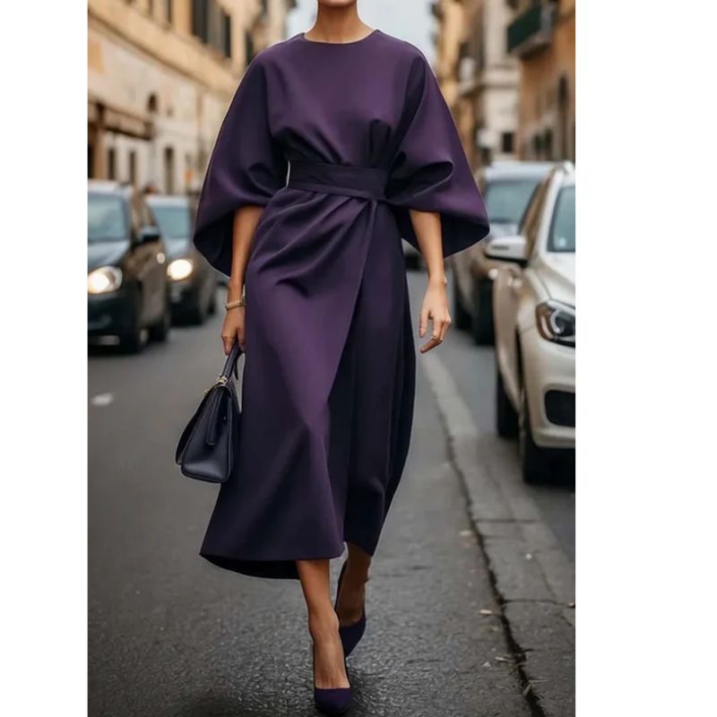 Lantern Sleeve Dress with Adjustable Waist Tie and Flowing Silhouette, Lightweight Fabric