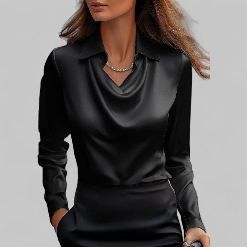 Womens Satin Blouse with Draped Neckline and Long Sleeves, Relaxed Tailored Fit
