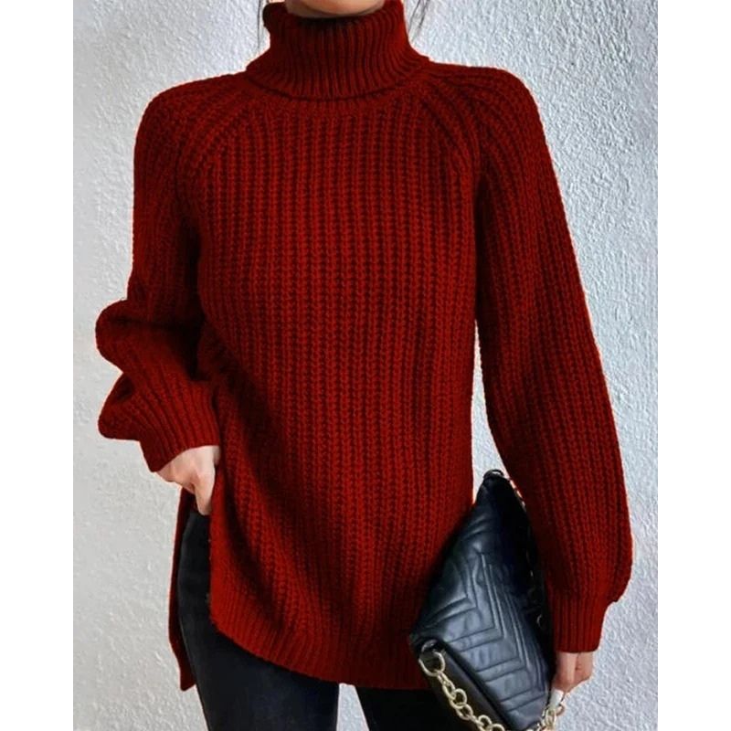 Womens Ribbed Turtleneck Sweater with Foldable Neck and Stretch Fit, Machine Wash