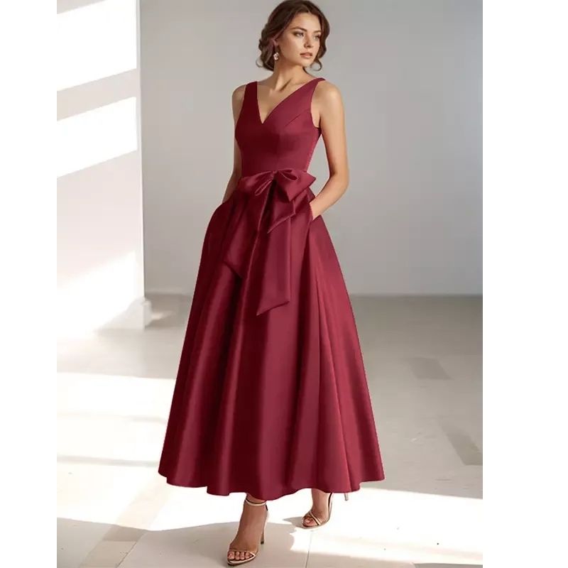 Womens A-Line Midi Dress with V-Neckline and Structured Bow Waist