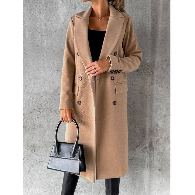 Womens Wool Winter Coat with Double-Breasted Button Front and Structured Shoulders