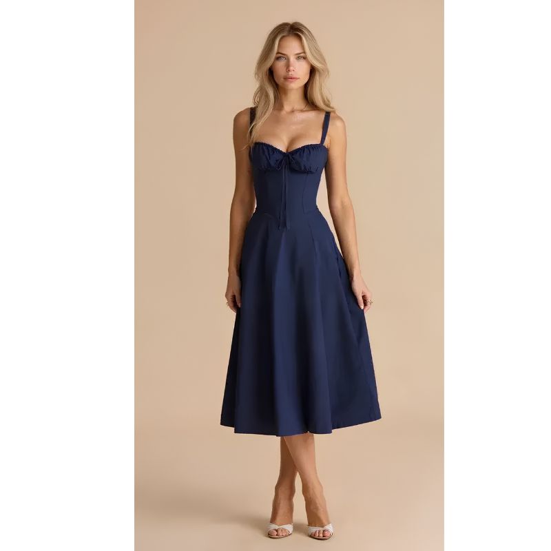 Womens Bustier Midi Dress with Spaghetti Straps and Fitted Waist