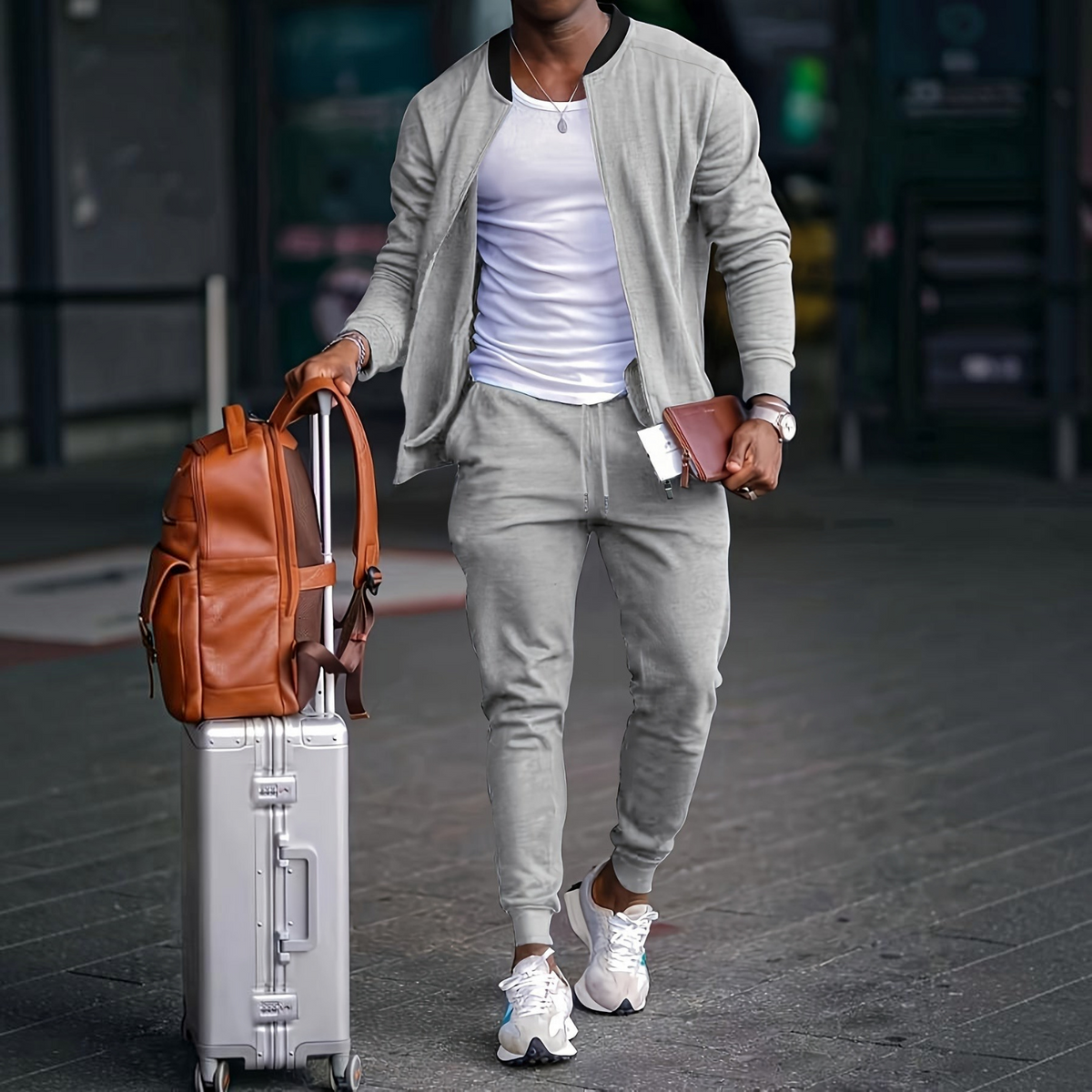 Mens Travel Tracksuit with Zip Jacket and Tapered Joggers, Lightweight Knit