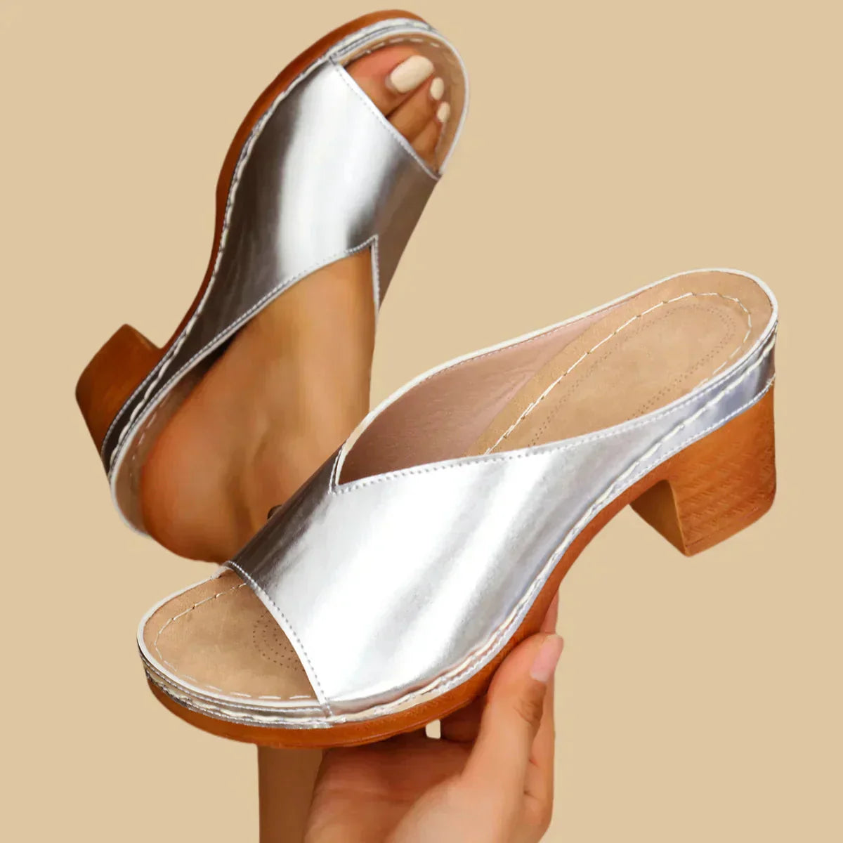 Orthopedic Slip-On Sandals with Cushioned Sole and Wooden Heel, Open Toe