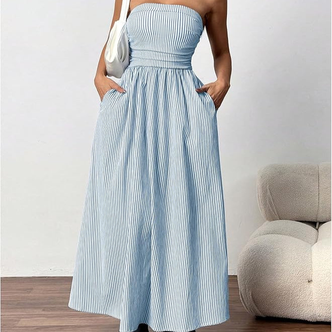 Strapless Fit and Flare Maxi with Elastic Smocked Waist and Side Pockets - Vertical Striped