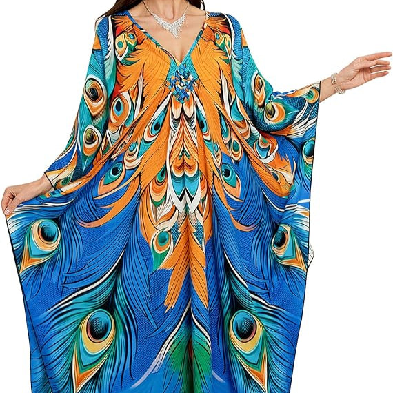 Womens Tropical Print Kaftan with Side Slits and Flowing Hem for Beach Wear
