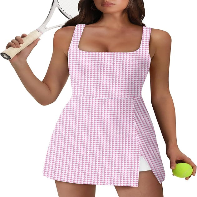 Sleeveless Athletic Dress with Built-in Shorts and Side Pockets, Square Neckline