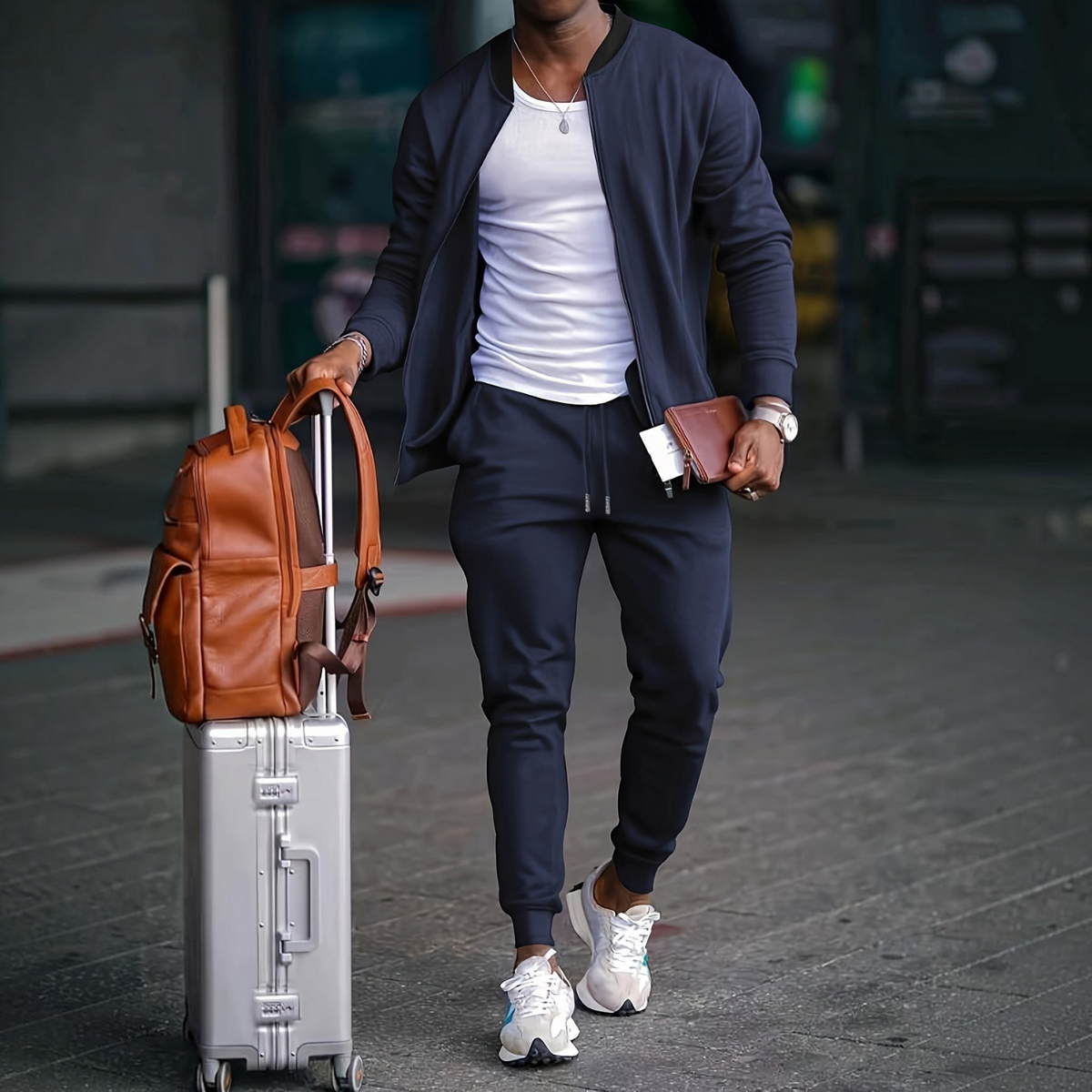 Mens Travel Tracksuit with Zip Jacket and Tapered Joggers, Lightweight Knit