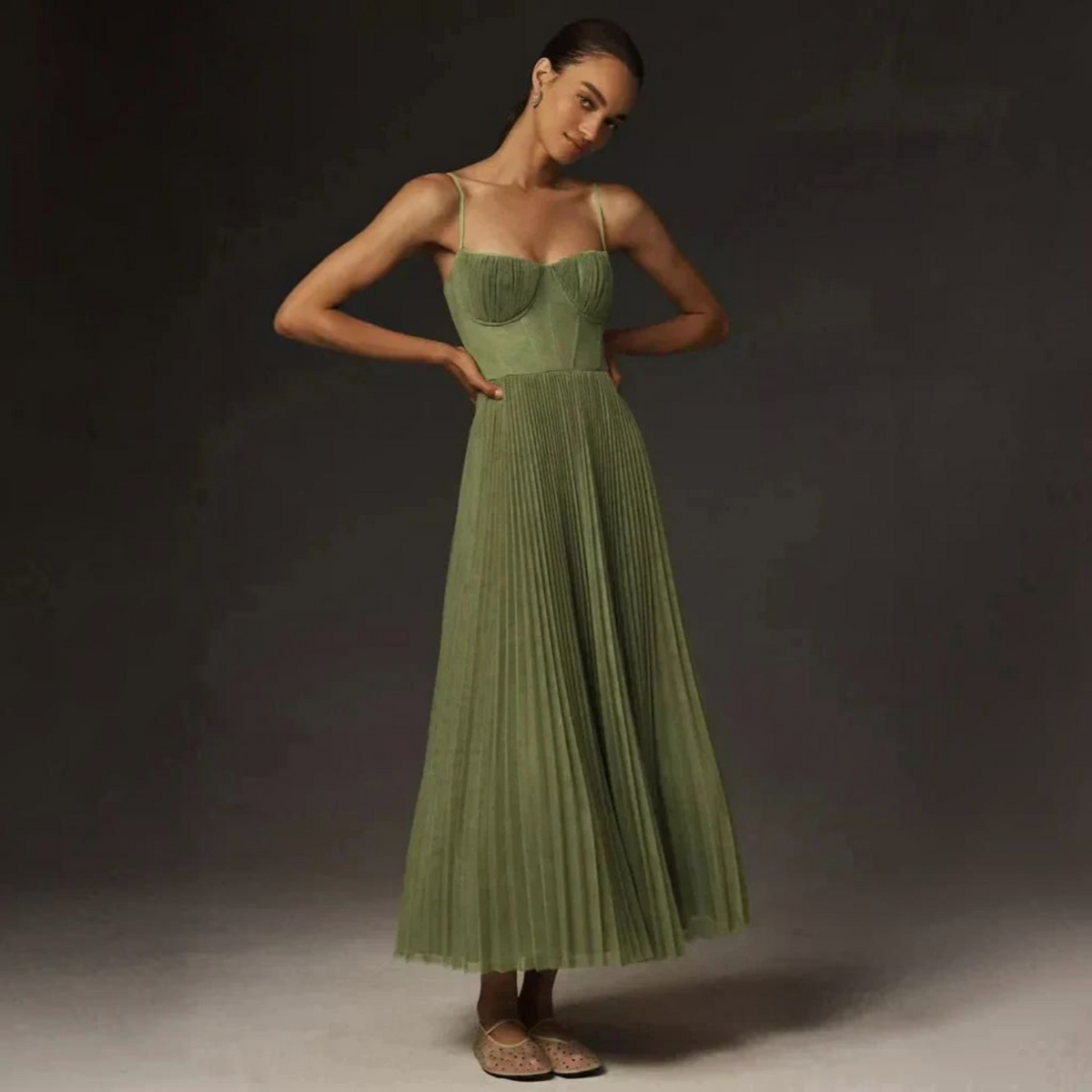 Pleated Tulle Midi Dress with Fit-and-Flare Shape and Lined Bodice, Invisible Zipper