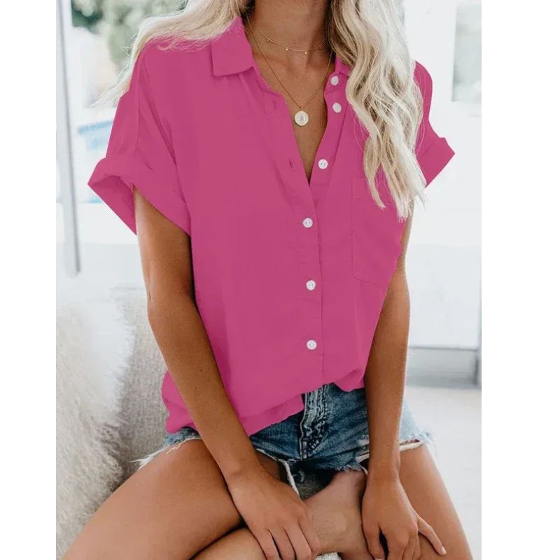 Womens Relaxed Fit Blouse with Button Front and Rolled Sleeve Detail