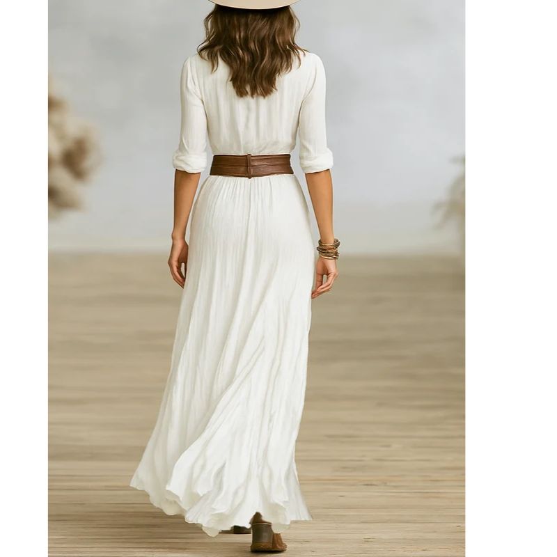 Maxi Dress with Shawl Collar and Adjustable Waist Belt, Floor-Length