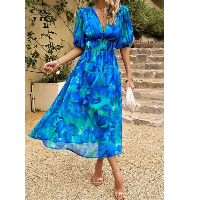 Floral Midi Dress with Puff Sleeves and Tailored Waist, Lightweight Woven Fabric