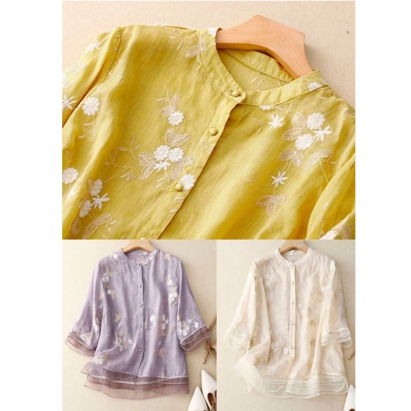 Womens Long Sleeve Blouse with Delicate Floral Embroidery and Relaxed Fit