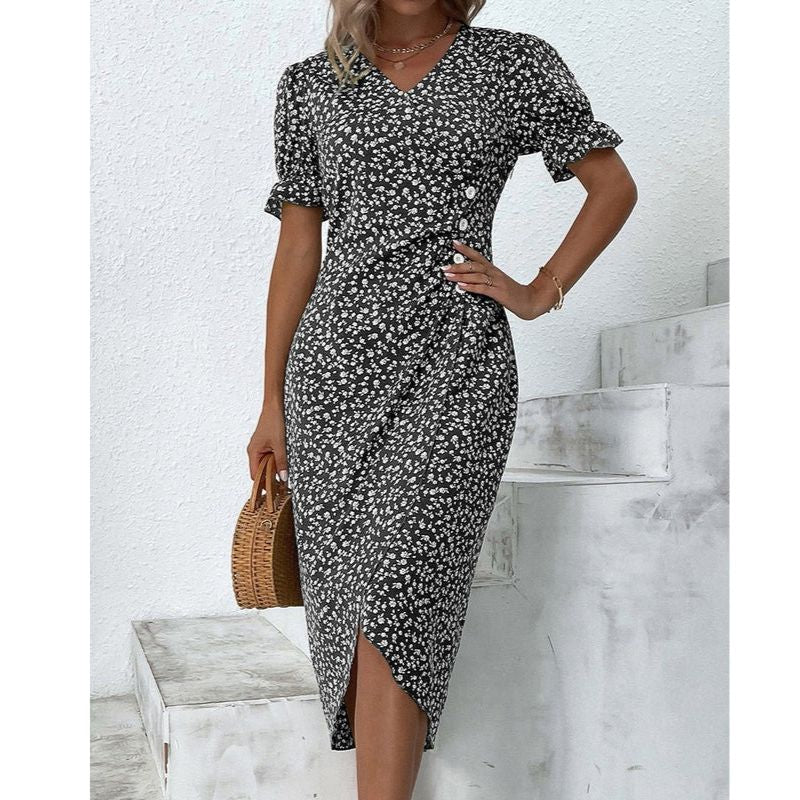 Floral Print Wrap Dress with V-Neck and Adjustable Tie Closure