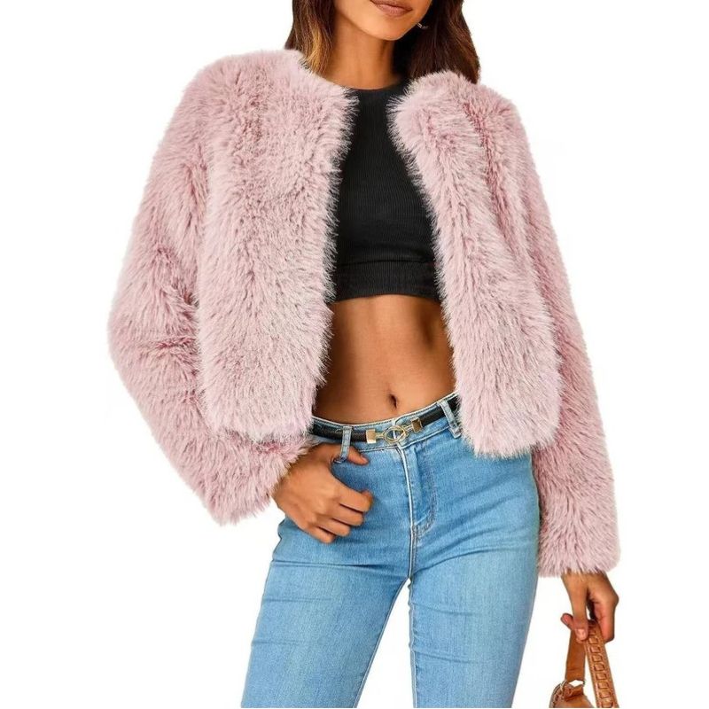 Cropped Faux Fur Jacket with Open Front and Long Sleeves for Women