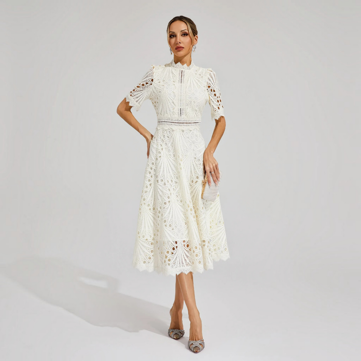 Lace Midi Dress with Scoop Neck and Lightweight Lining, Back Zipper