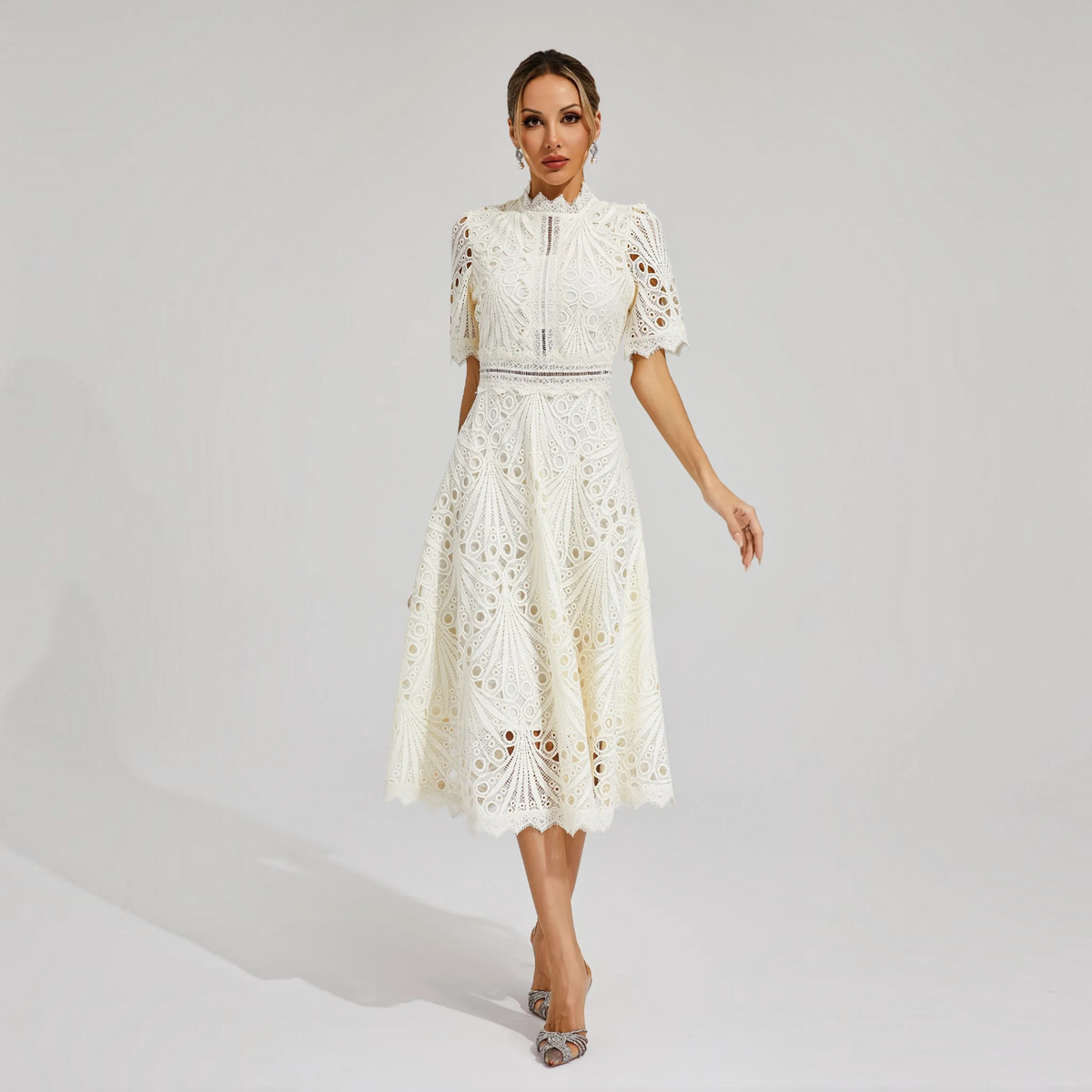 Lace Midi Dress with Scoop Neck and Lightweight Lining, Back Zipper