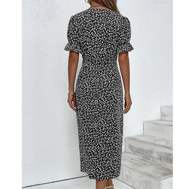 Floral Print Wrap Dress with V-Neck and Adjustable Tie Closure