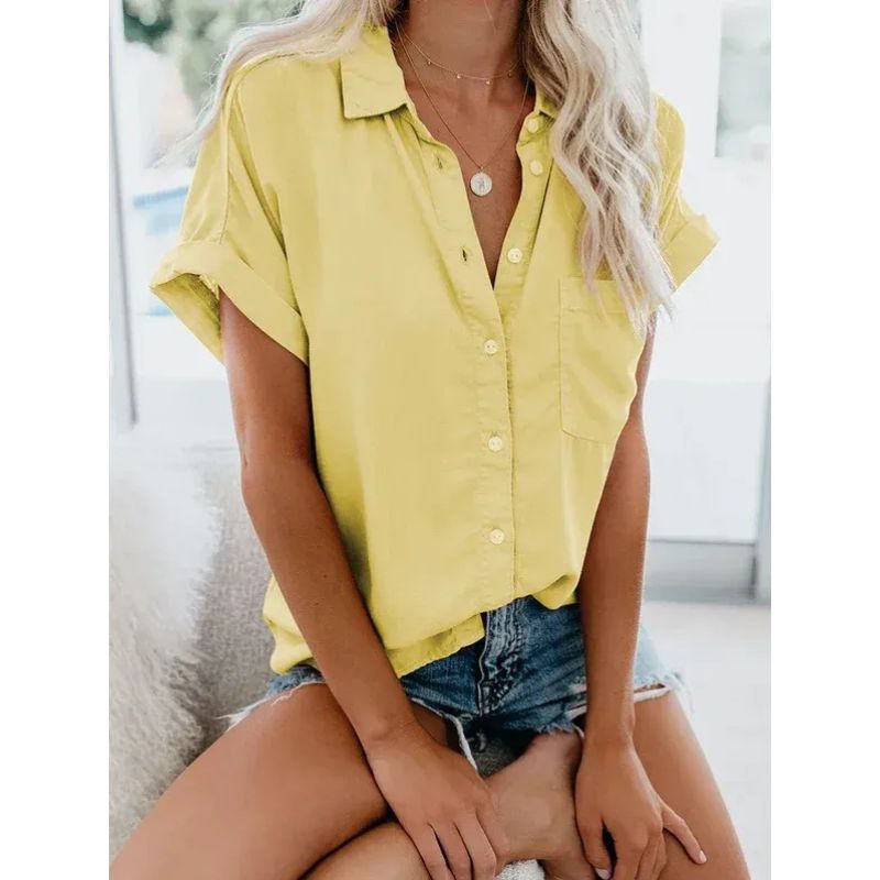 Womens Relaxed Fit Blouse with Button Front and Rolled Sleeve Detail