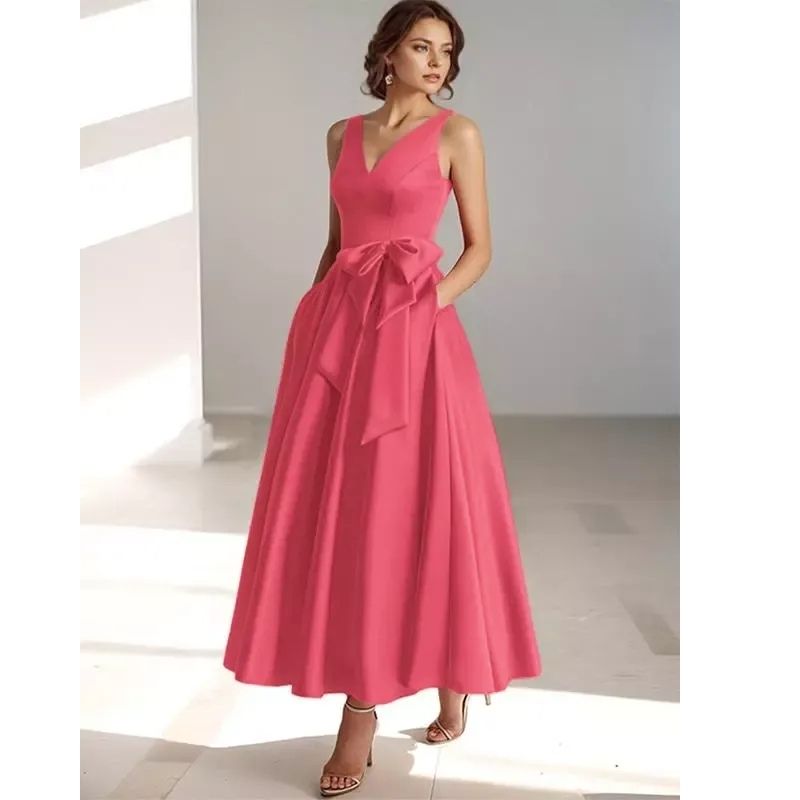 Womens A-Line Midi Dress with V-Neckline and Structured Bow Waist