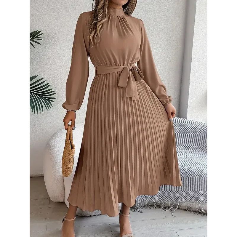 Long Sleeve Pleated Dress with Removable Belt and Hidden Zipper, Lightweight Polyester