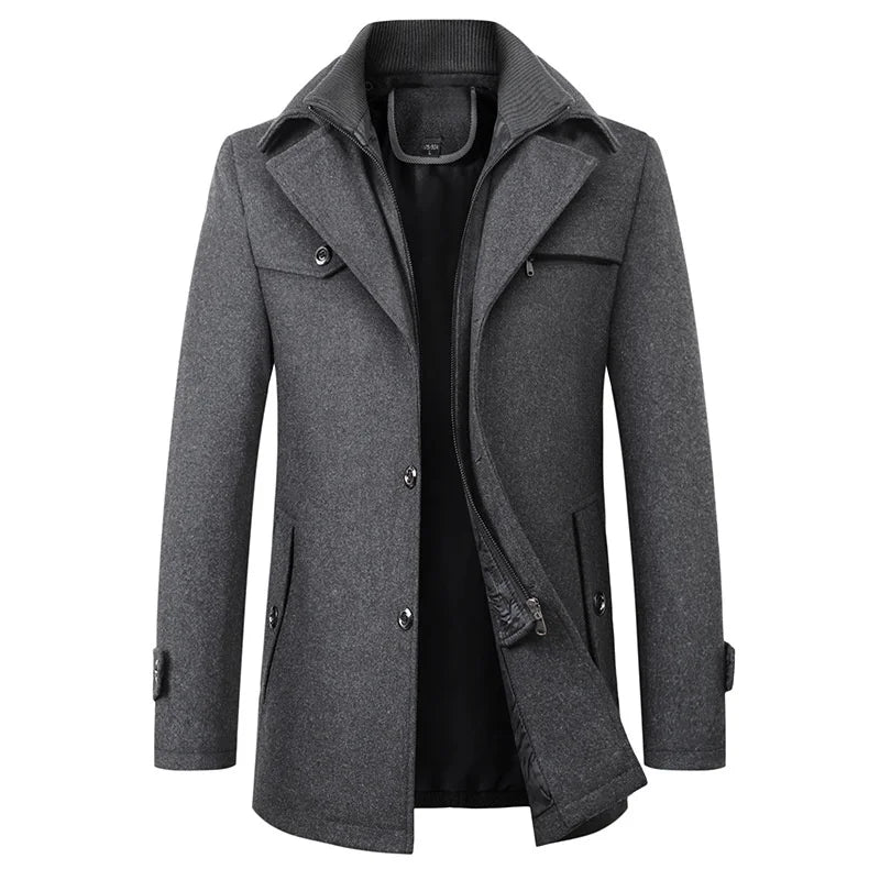 Mens Longline Overcoat with Wool Blend Fabric and Tailored Button Front, Knee-Length