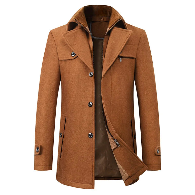 Mens Longline Overcoat with Wool Blend Fabric and Tailored Button Front, Knee-Length