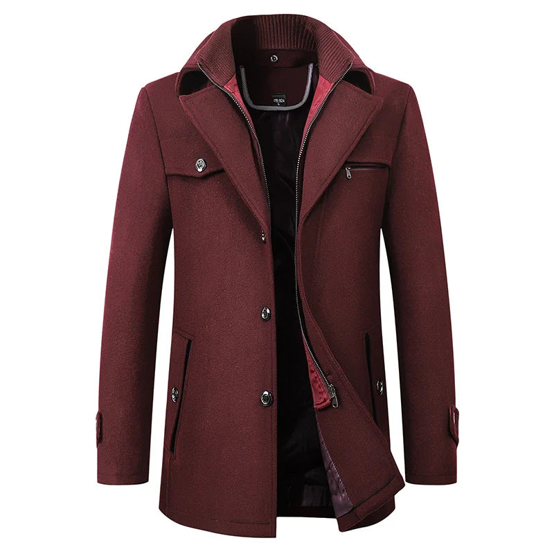Mens Longline Overcoat with Wool Blend Fabric and Tailored Button Front, Knee-Length