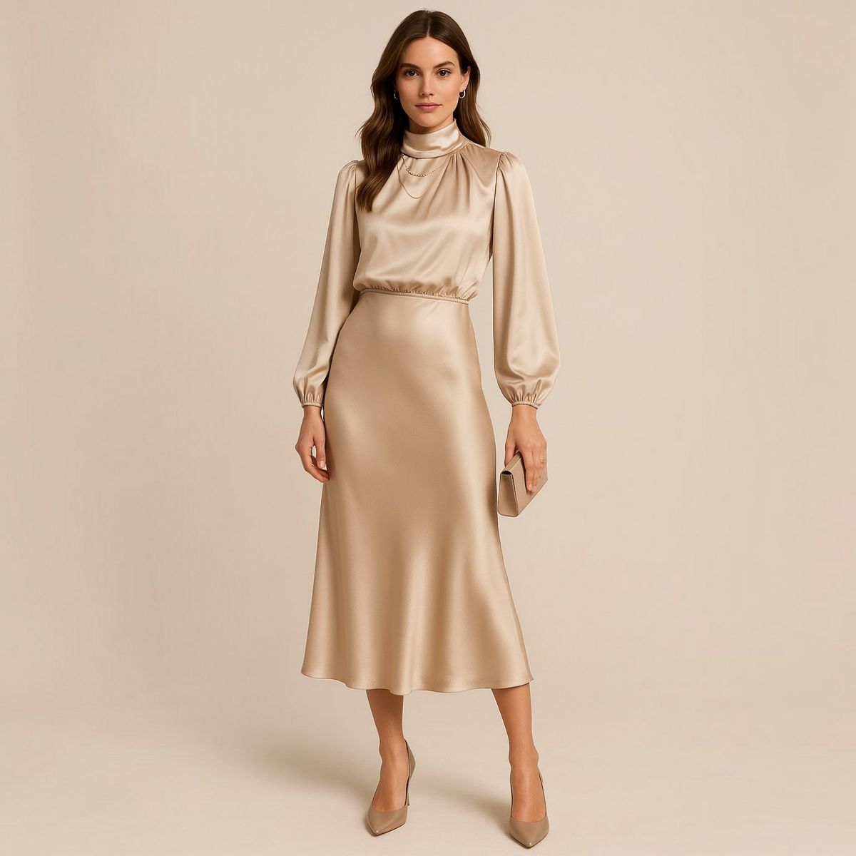 High Waist Midi Dress with Cotton Blend and Flattering Silhouette, Machine Washable