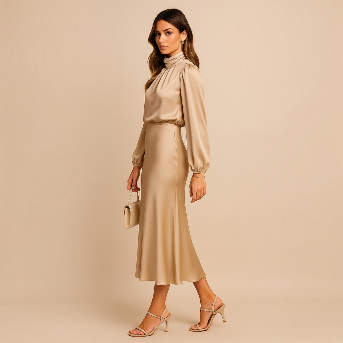High Waist Midi Dress with Cotton Blend and Flattering Silhouette, Machine Washable
