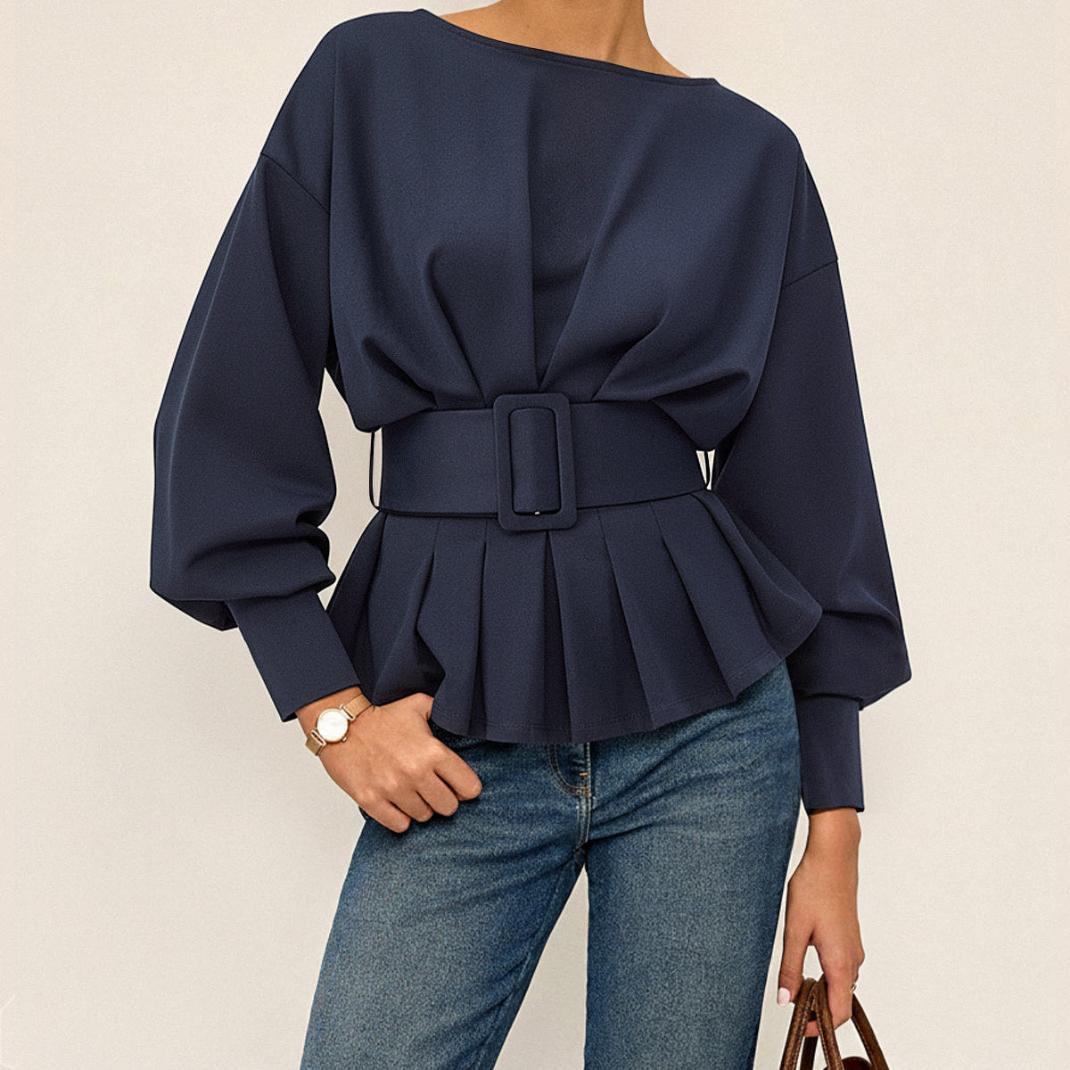 Crew Neck Sweatshirt with Adjustable Waist Belt and Long Sleeves