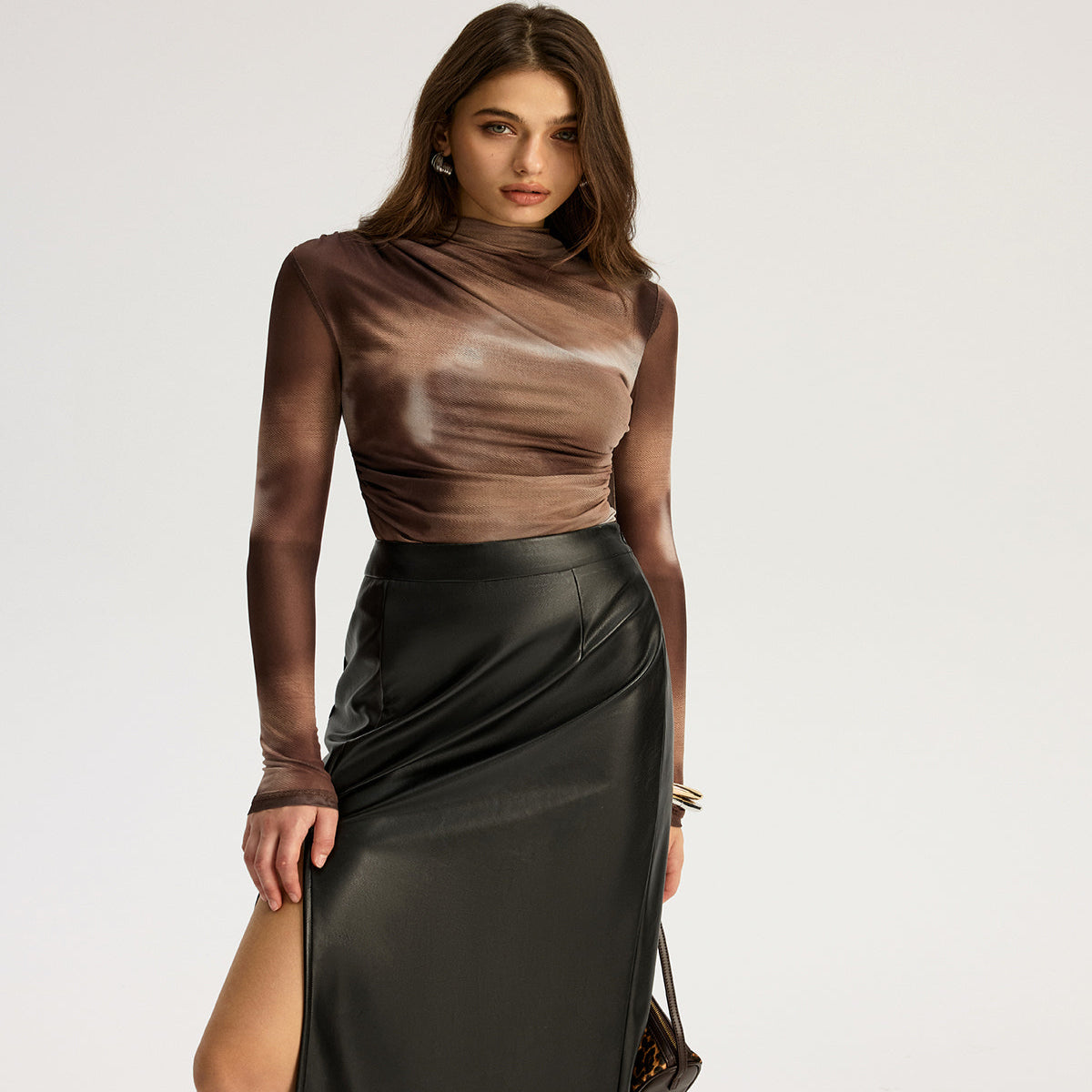Semi Sheer Mesh Top with Mock Neck and Long Sleeves - Medium Stretch