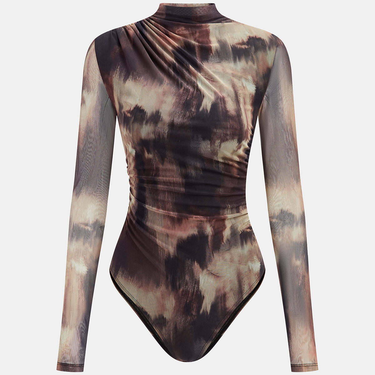 Semi Sheer Mesh Top with Mock Neck and Long Sleeves - Medium Stretch