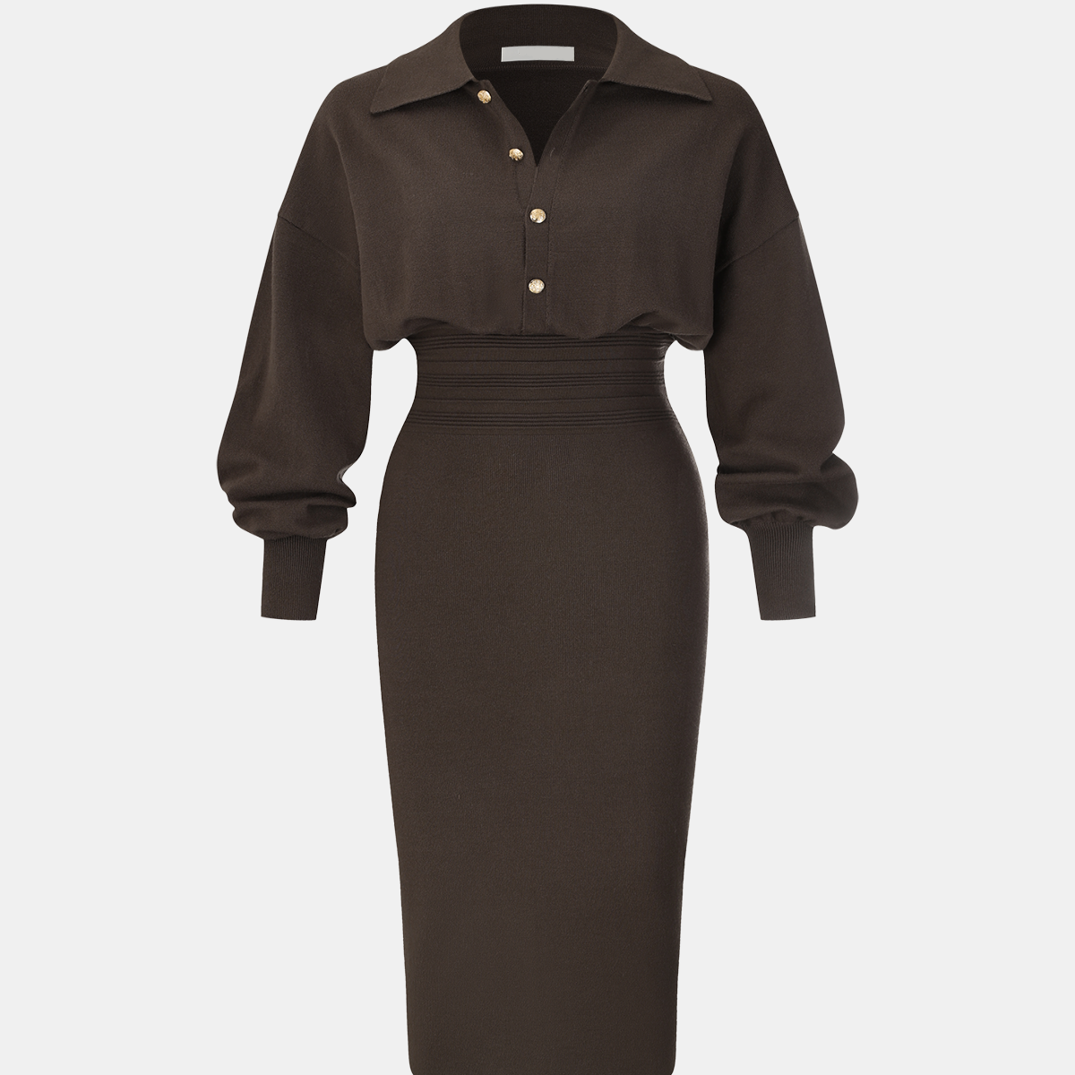 Knit Midi Dress with Collar Neckline and Long Sleeves, High Stretch Fabric