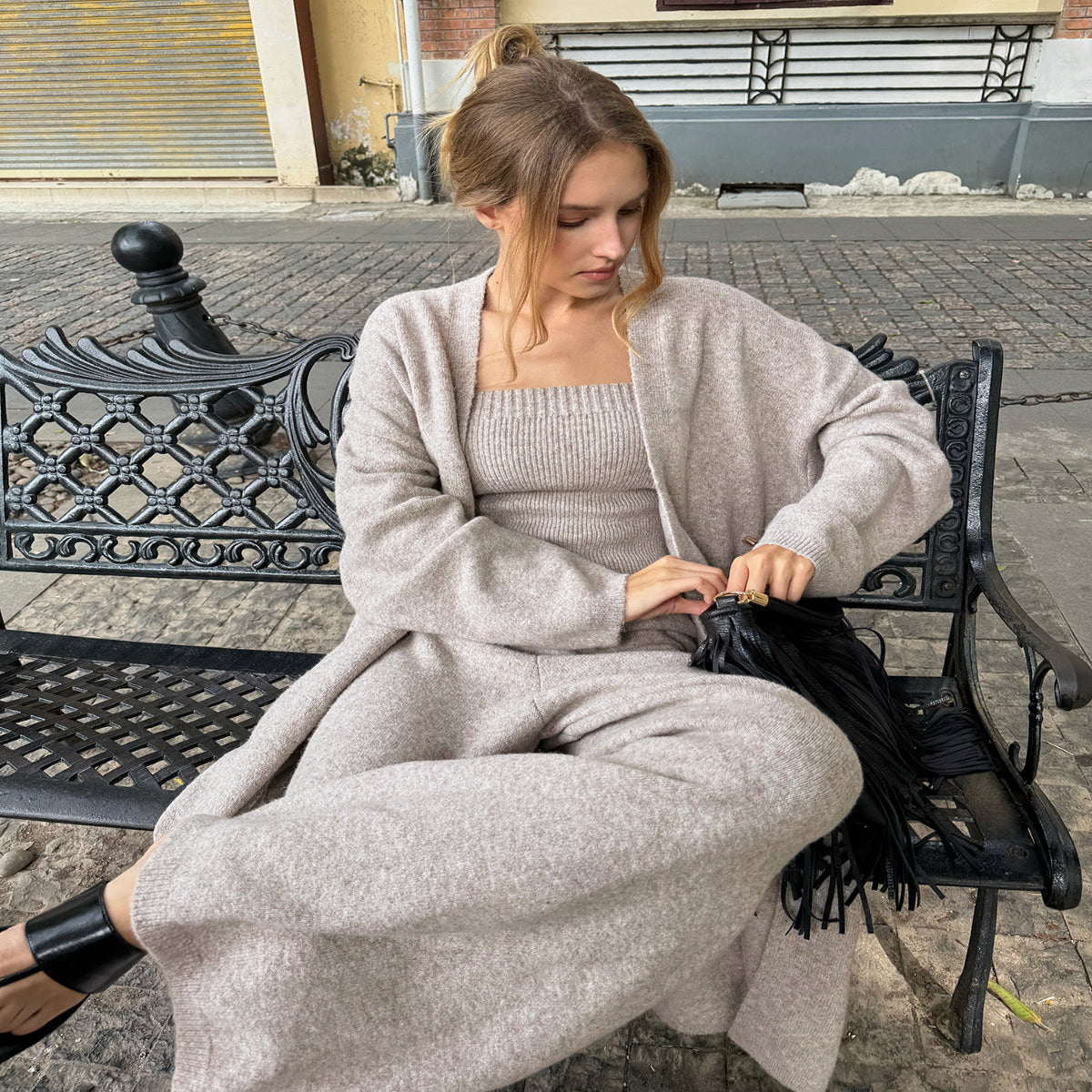 Womens Knit Cardigan and Pants Set with Medium Stretch