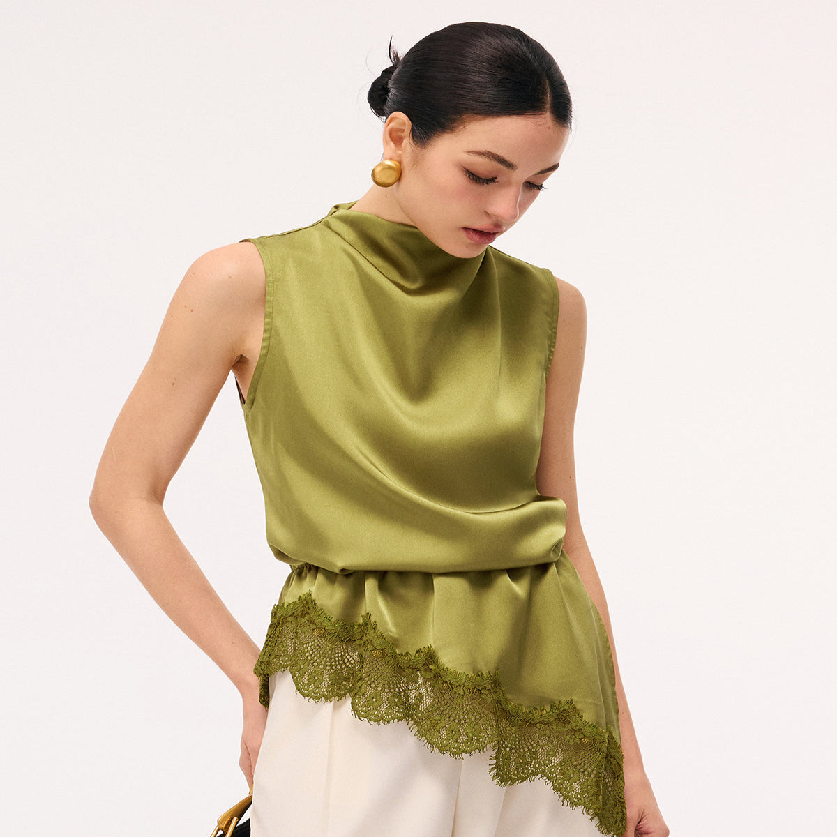 Cowl Neck Satin Top with Sleeveless Cut and Draping Neckline