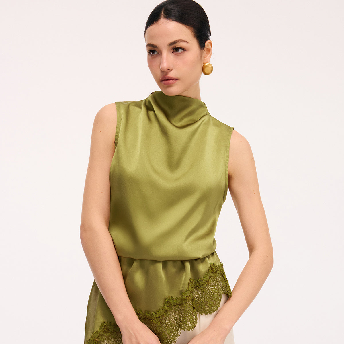 Cowl Neck Satin Top with Sleeveless Cut and Draping Neckline