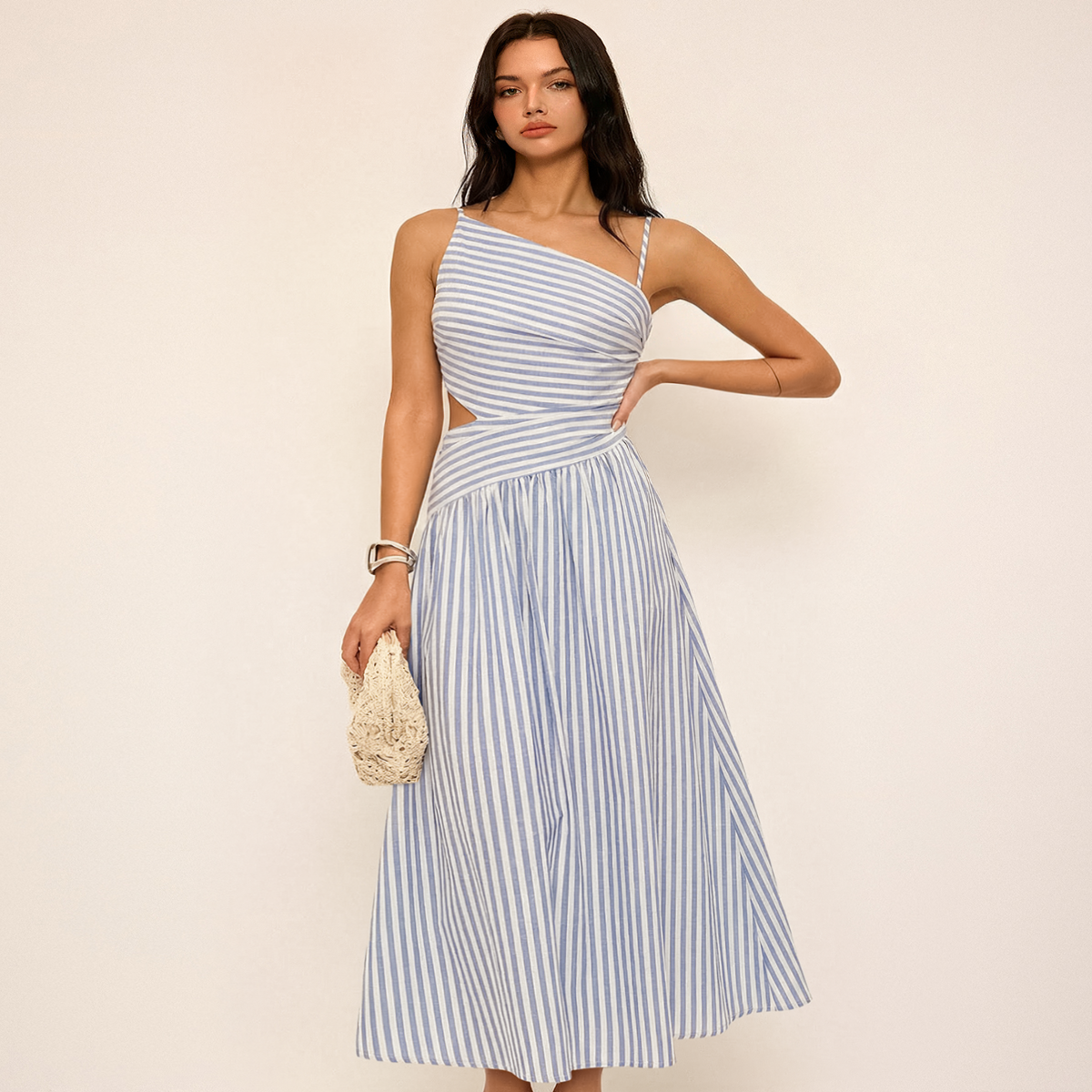 Asymmetrical Maxi Dress with Invisible Side Zipper and Cotton Blend Fabric