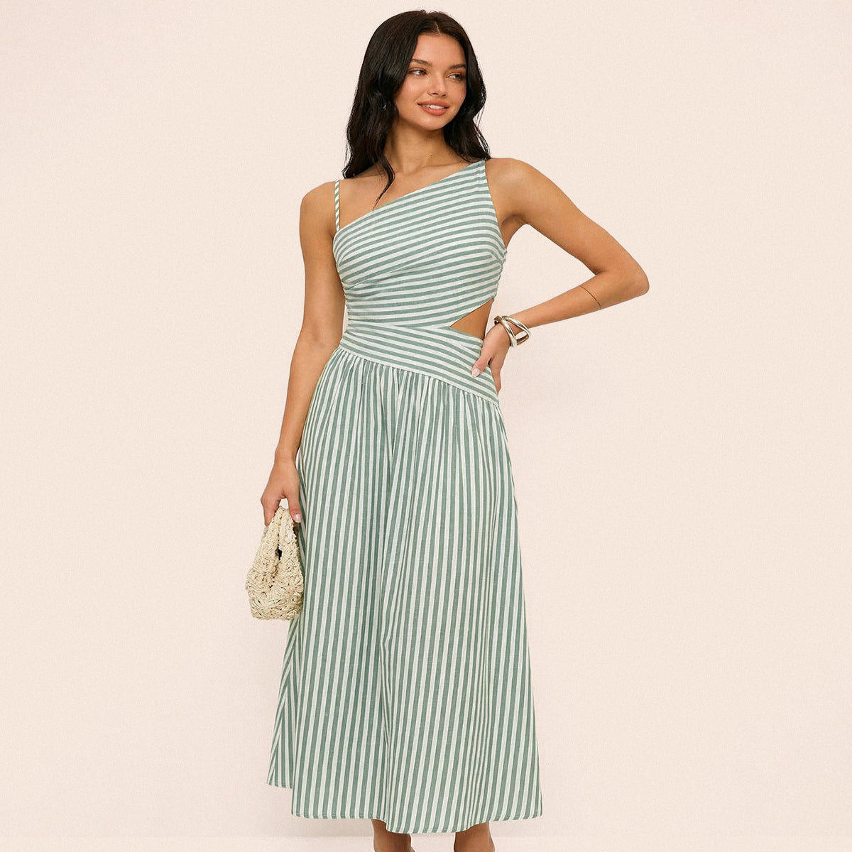 Asymmetrical Maxi Dress with Invisible Side Zipper and Cotton Blend Fabric