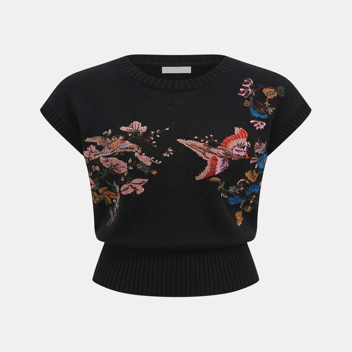 Women Floral Embroidered Knit Top with Sleeveless Crew Neck Design