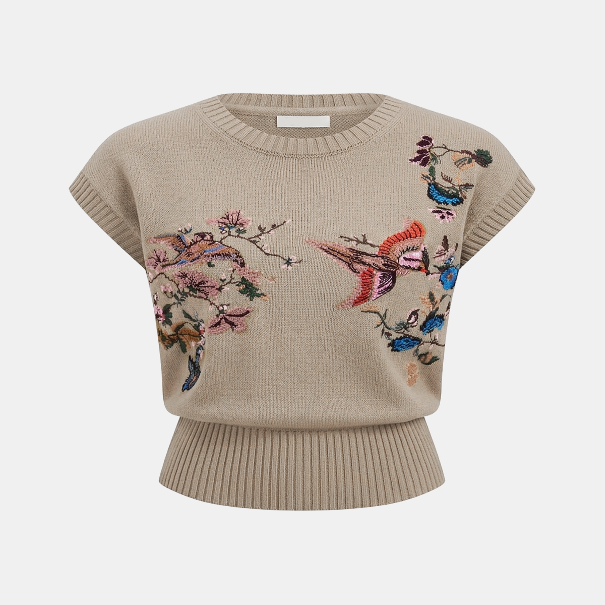 Women Floral Embroidered Knit Top with Sleeveless Crew Neck Design