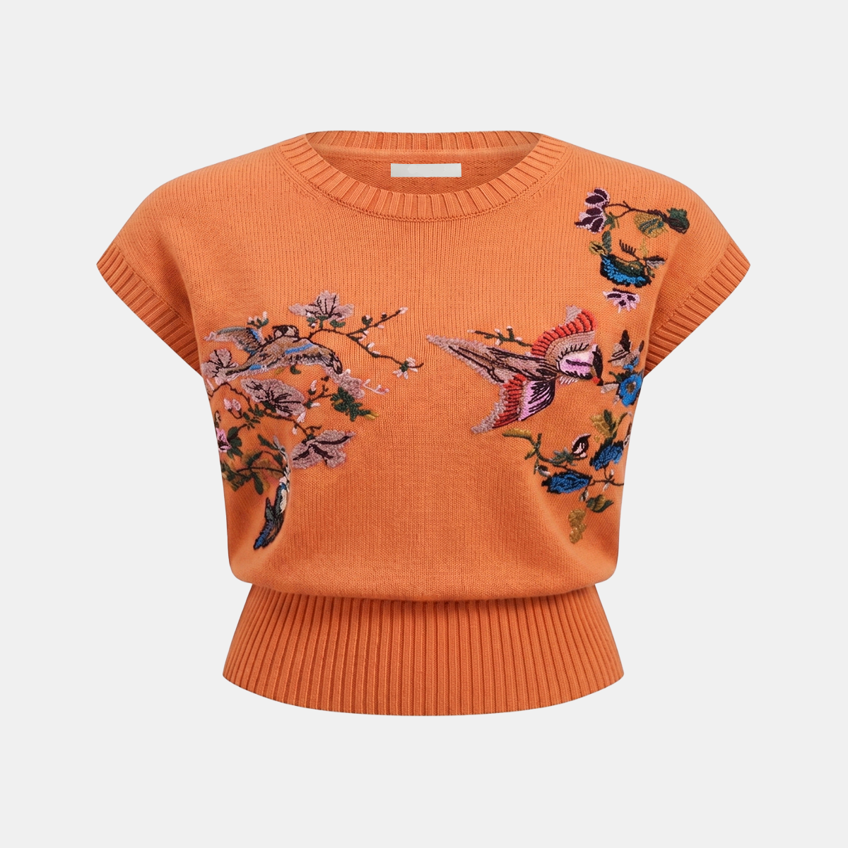 Women Floral Embroidered Knit Top with Sleeveless Crew Neck Design