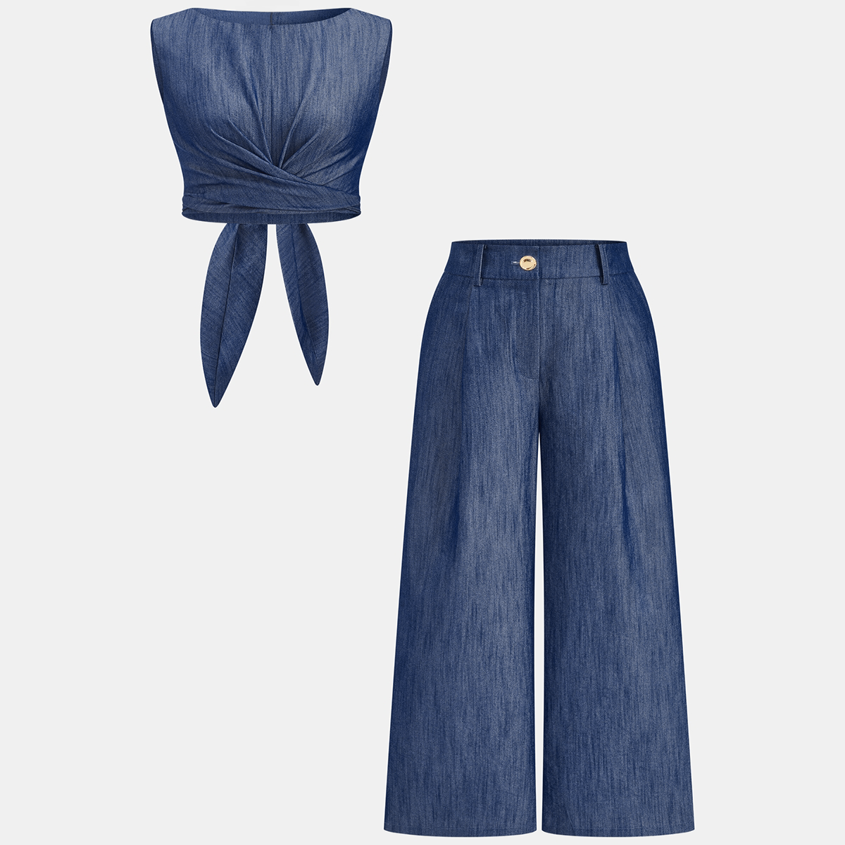 Cropped Top and Wide Leg Pants Two Piece Set with Hidden Zipper