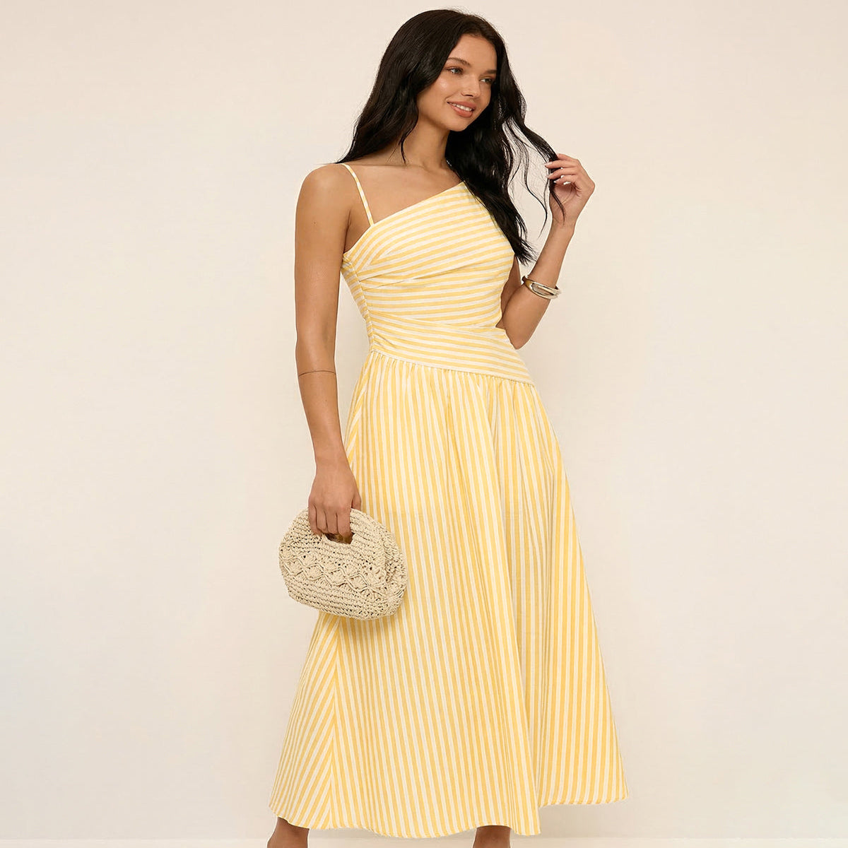 Asymmetrical Maxi Dress with Invisible Side Zipper and Cotton Blend Fabric