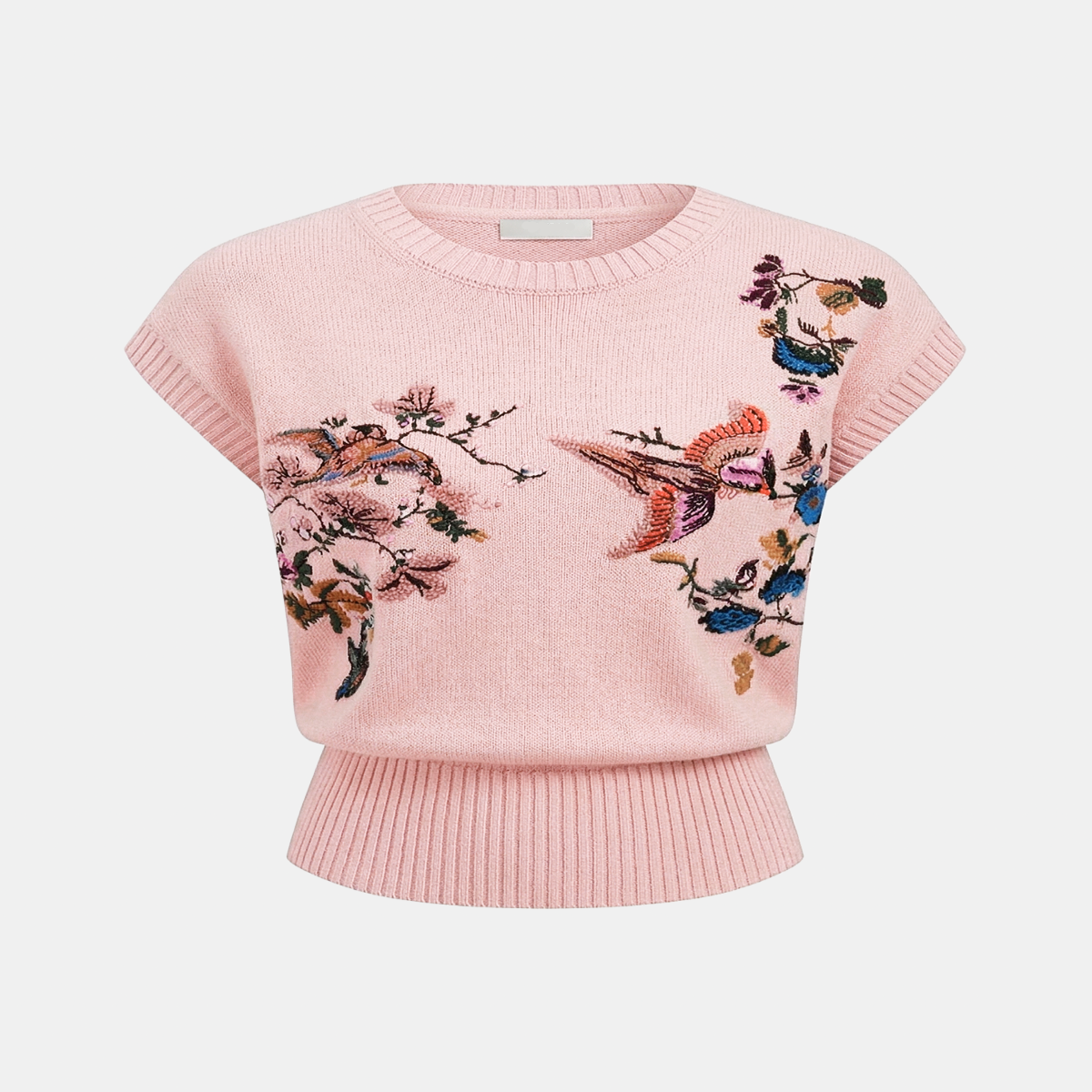 Women Floral Embroidered Knit Top with Sleeveless Crew Neck Design