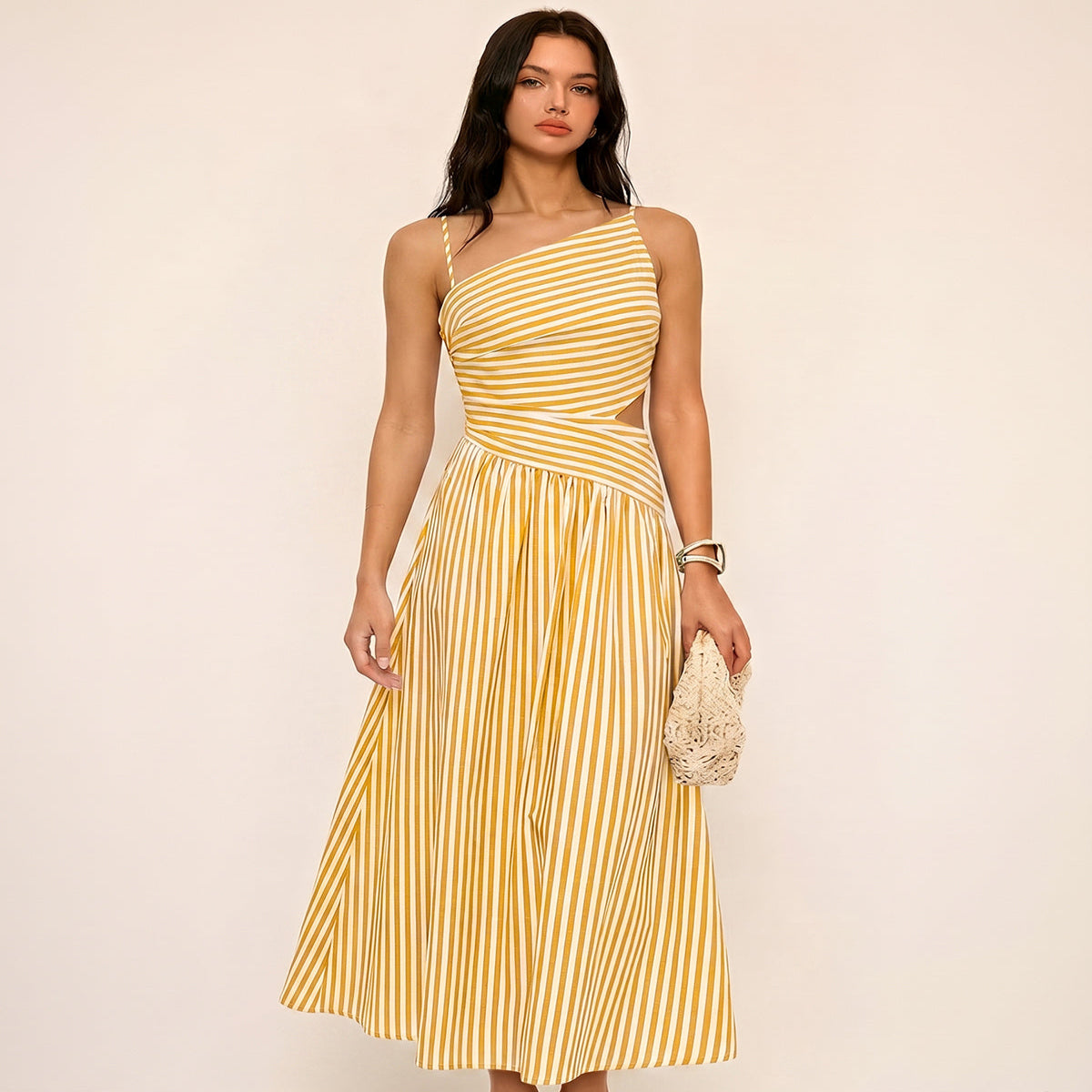 Asymmetrical Maxi Dress with Invisible Side Zipper and Cotton Blend Fabric