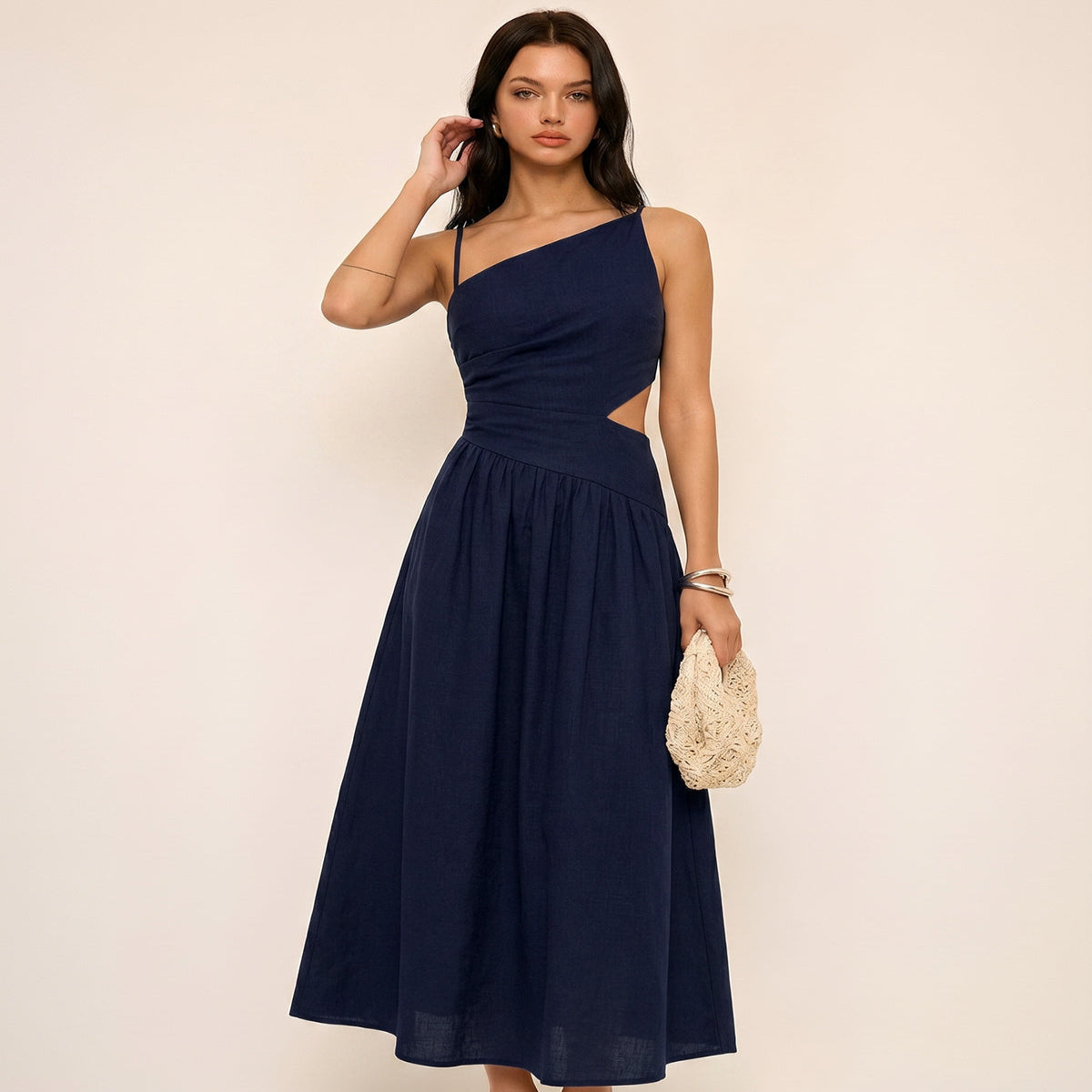 Asymmetrical Maxi Dress with Invisible Side Zipper and Cotton Blend Fabric
