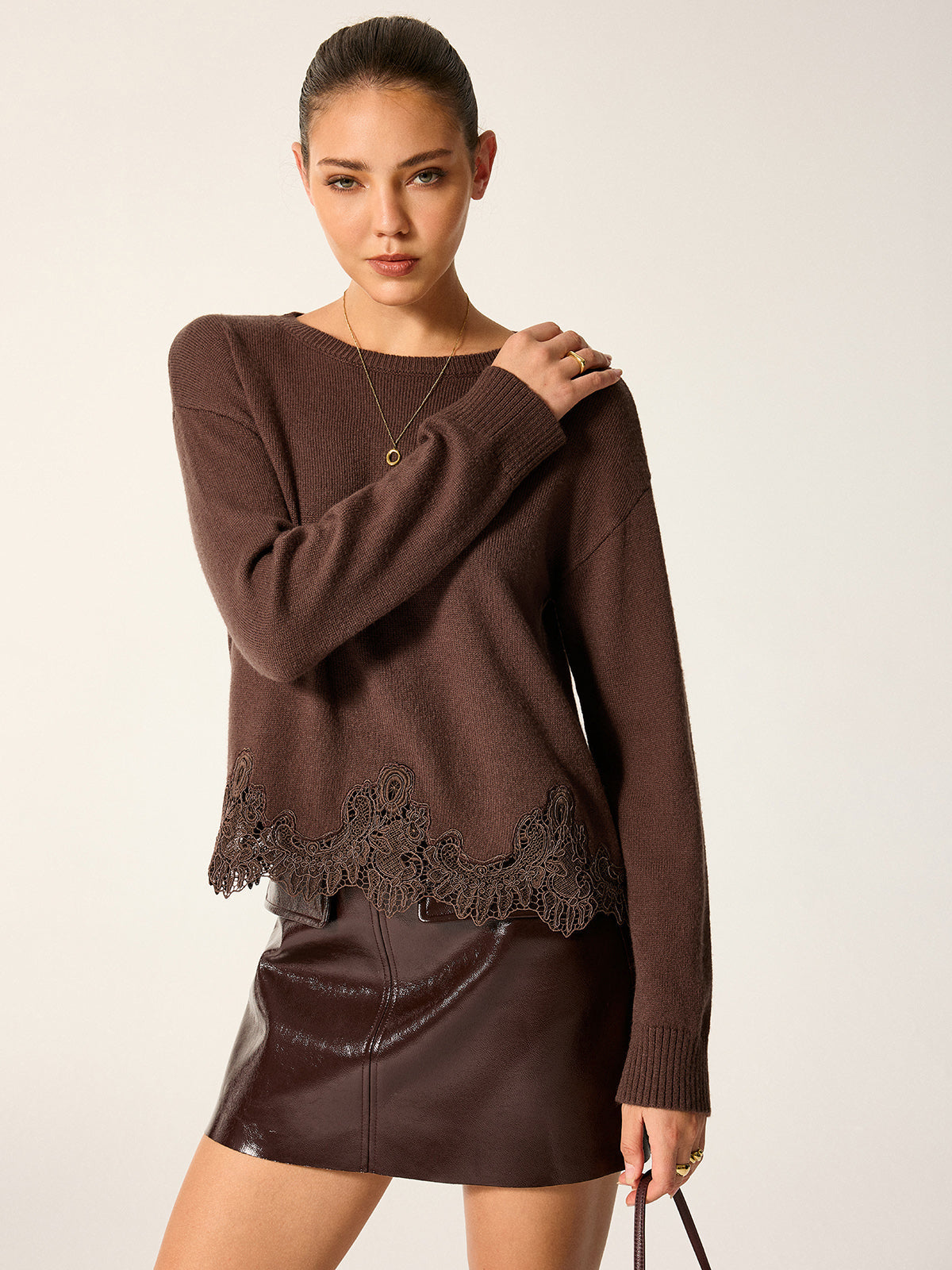 Long Sleeve Knit Sweater with Lace Hem and Acrylic Nylon Wool Blend
