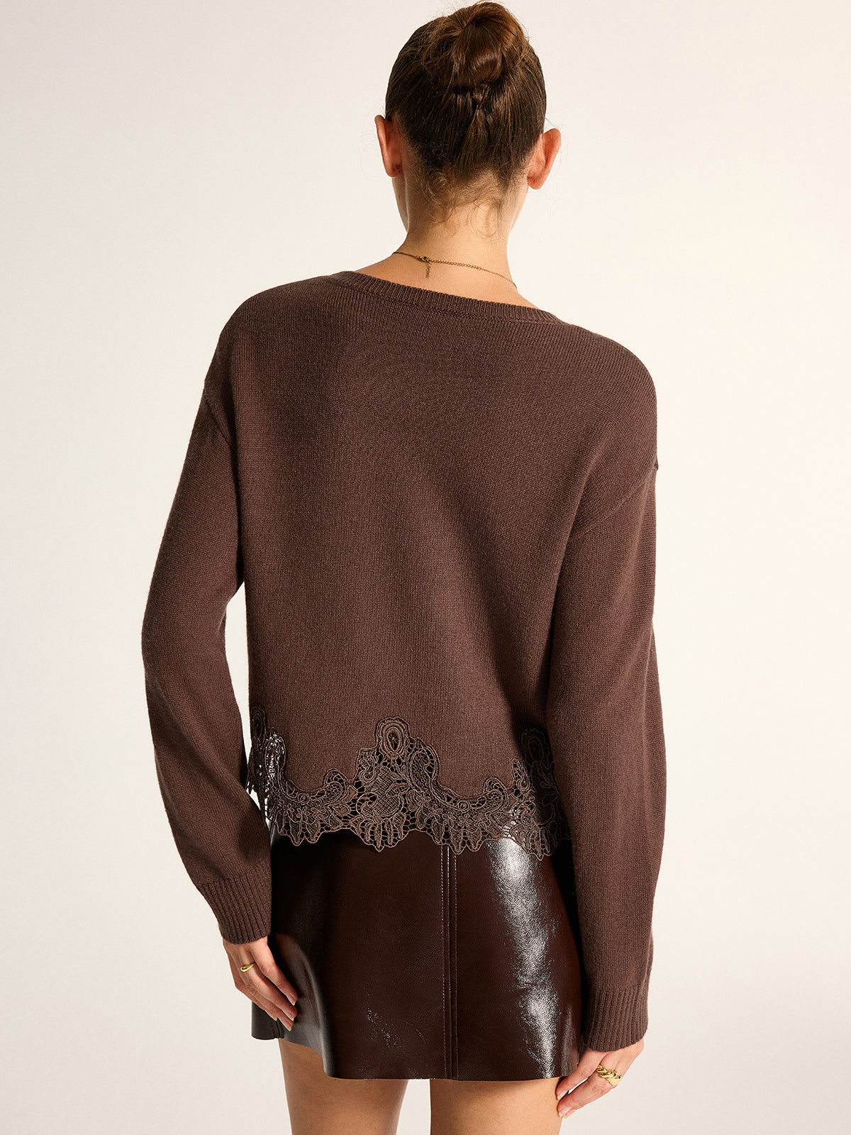 Long Sleeve Knit Sweater with Lace Hem and Acrylic Nylon Wool Blend