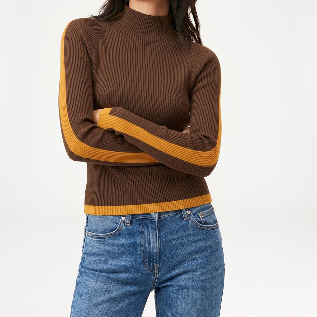 Womens Color Block Mock Neck Sweater with Medium Stretch Knit